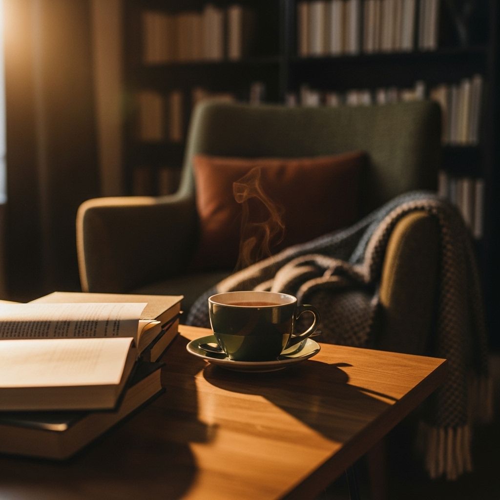 Espace de lecture et de travail intellectuel avec des livres ouverts sur la nutrition, une tasse de thé fumante posée sur une table en bois ancien, lumière chaude provenant d'une fenêtre, ambiance studieuse, calm et bibliothèque en arrière-plan