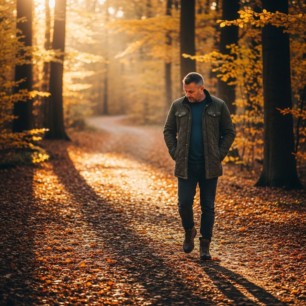 Homme marchant seul sur un chemin forestier en automne, lumière dorée filtrant à travers les arbres, feuilles tombées au sol, atmosphère calme et mélancolique, profondeur de champ cinématographique