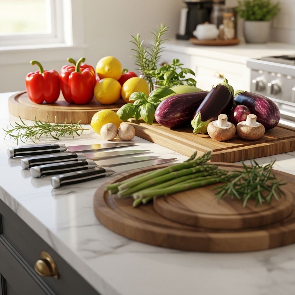 Cuisine domestique lumineuse avec des légumes frais colorés disposés sur un plan de travail en marbre, couteaux de cuisine, planches à découper en bois et herbes aromatiques, ambiance culinaire chaleureuse et naturelle