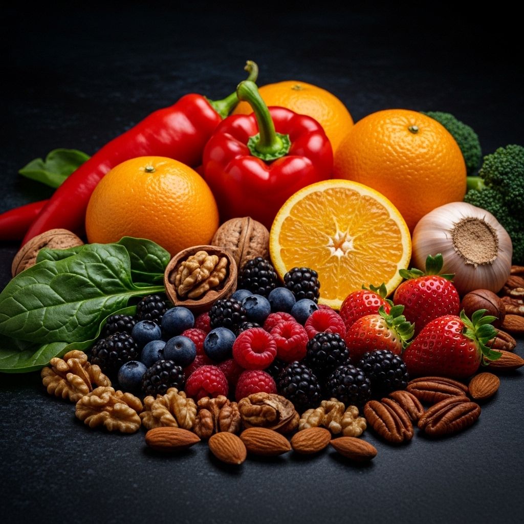 Assortiment coloré de fruits et légumes frais riches en vitamines et minéraux — oranges, poivrons rouges, épinards, baies et noix — disposés artistiquement sur une surface sombre, éclairage dramatique et contrasté