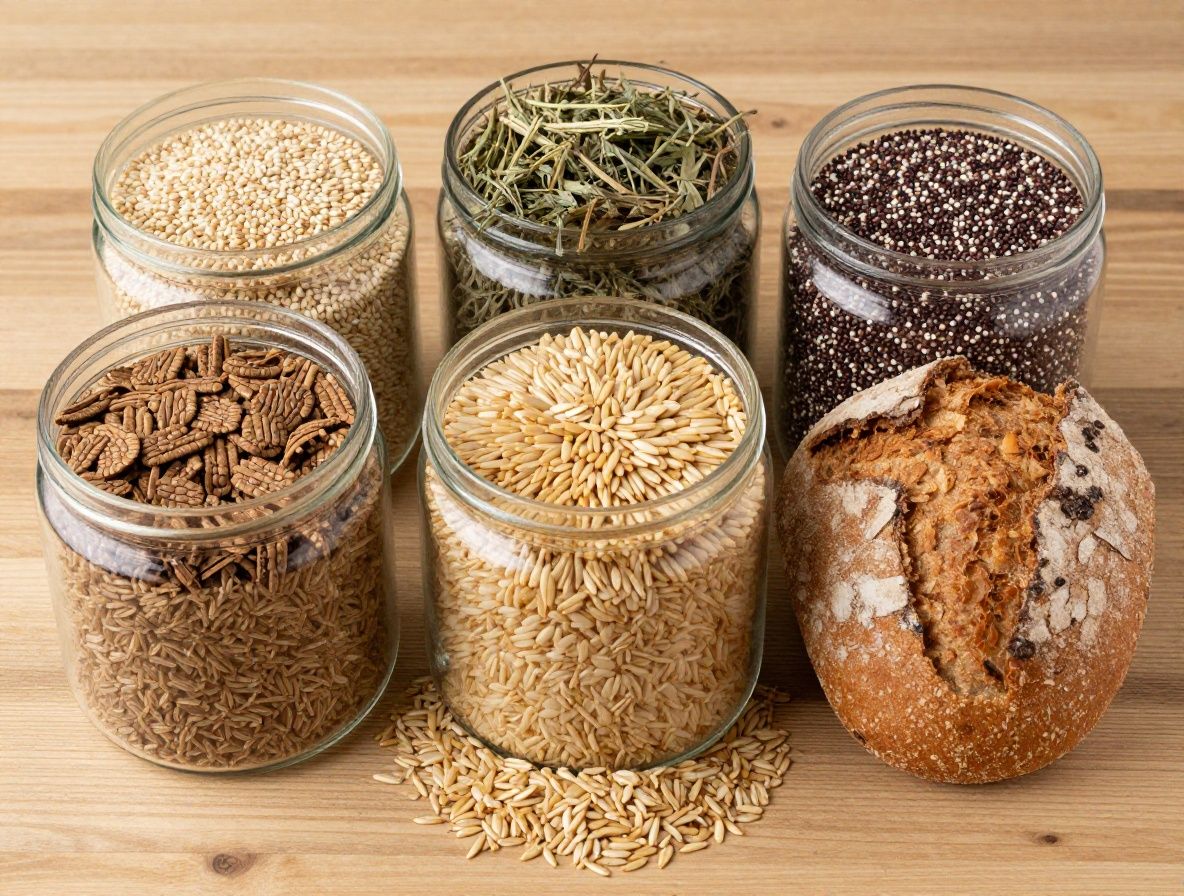 Assortiment de céréales complètes, riz brun, quinoa, avoine et pain à grains entiers disposés sur une surface en bois clair avec des herbes aromatiques