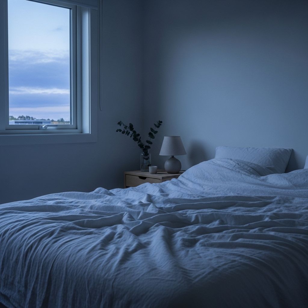 Chambre à coucher minimaliste et sereine avec lumière tamisée, draps en lin blanc froissés naturellement, fenêtre laissant entrer une faible lumière bleutée du crépuscule, ambiance contemplative et apaisante